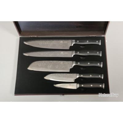 **Damascus, Parure de 5 couteaux de cuisine japonais lame en acier damas 128 couches Royal Swiss o