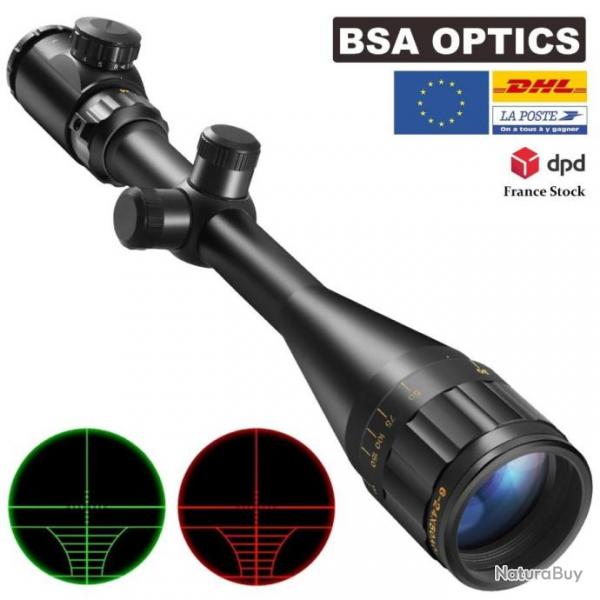 Lunette Bsa Optics 6-24x50 Aoe Tactique Fusil Point vert au Rouge Sniper Chasse Airsoft Rail 11/22MM