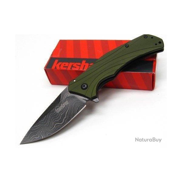 Couteau Damas Kershaw Knockout A/O Green Lame 128 Couches Manche Aluminium Made USA KS1870OLDAM