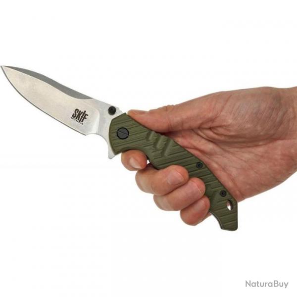 Couteau SKIF Knives Adventure Olive Manche G10 Lame Acier 9Cr18MoV IKBS Framelock Clip SKF424SEG
