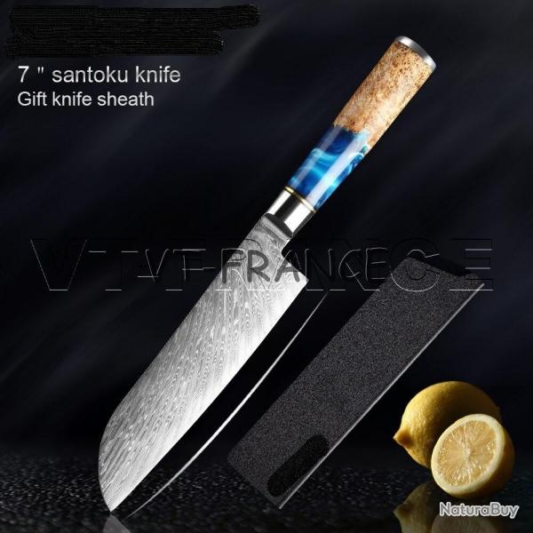 Couteau Cuisine Pro Lame Damas Japon 67 Couches, Modele: Santoku 33cm