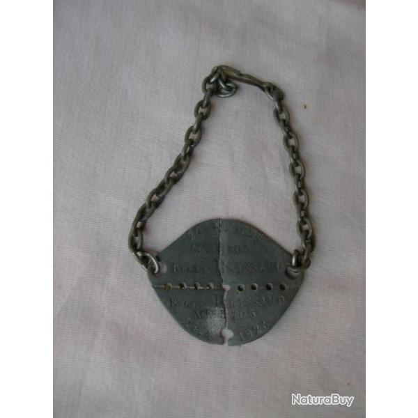 WW2/PREWAR FRANCE PLAQUE D'IDENTIT M18 BRACELET FRANCAISE " R. B. " AVEC CHANE 24.4.1925