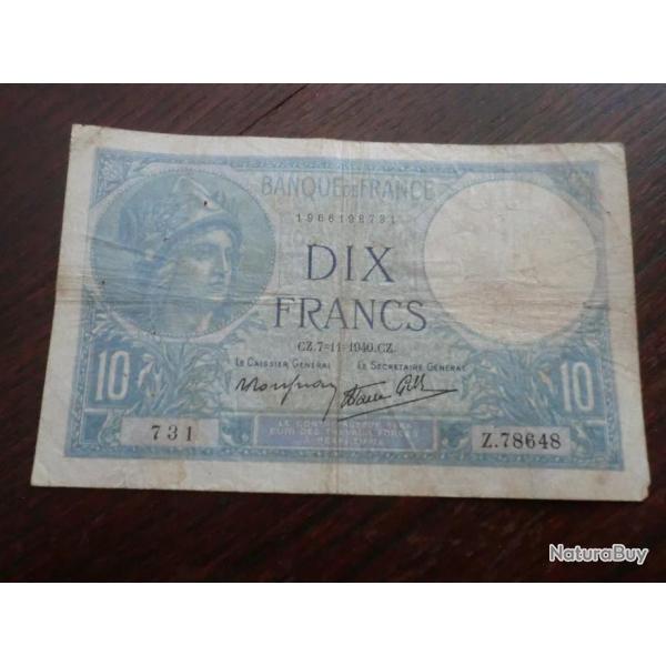 Billet France  DIX  Francs  CZ . 7-11-1940 . CZ. - Srie  Z 78648