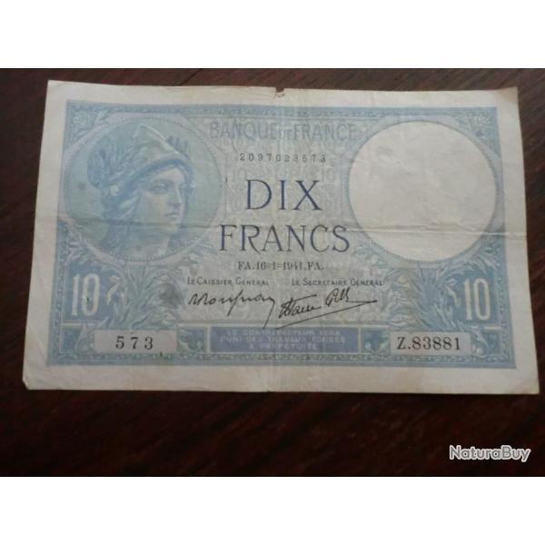 Billet France  DIX  Francs  FA . 16-1-1941 . FA. - Srie  Z 83881