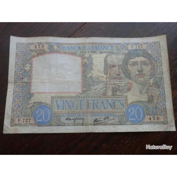 Billet France  VINGT  Francs  AG . 1-8-1940  - Srie  F 727