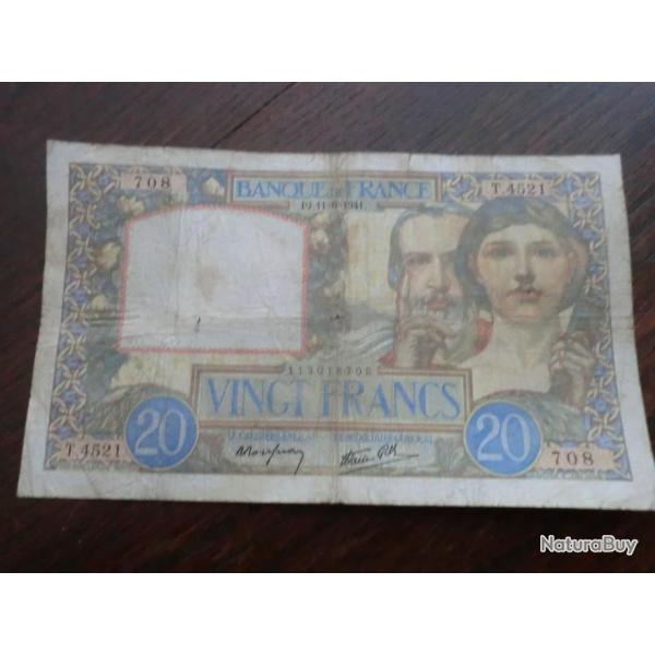 Billet France  VINGT  Francs  PJ . 11-6-1941  - Srie  T 4521