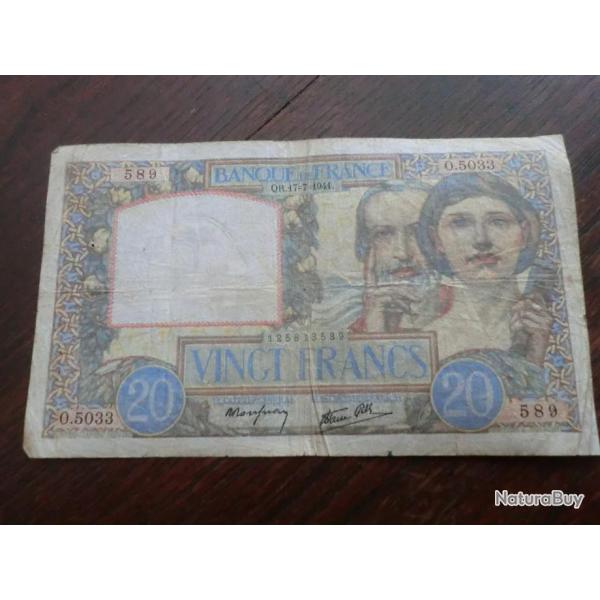 Billet France  VINGT  Francs  QR . 17-7-1941  - Srie  O  5033