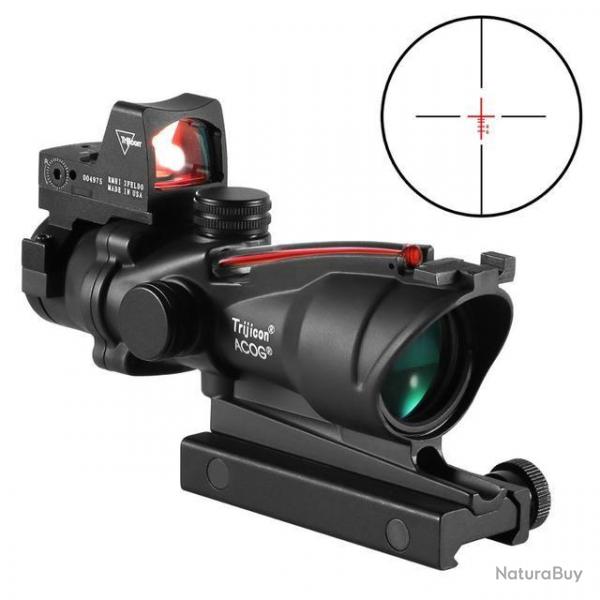 ACOG Lunette Vise 4X32 Fiber Optique Eclairage Rouge Fusil Tactique Chasse Airsoft avec Point rouge