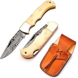 Couteau Damas FH Knives Bone Lame Damas 128 Couches Manche Os Lockback Etui Cuir FHKBNE001