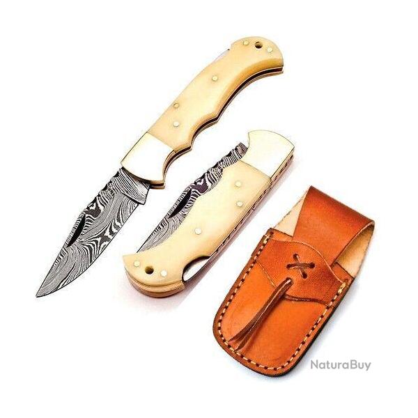 Couteau Damas FH Knives Bone Lame Damas 128 Couches Manche Os Lockback Etui Cuir FHKBNE001