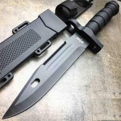 Ba&iuml;onnette Couteau Tactical S-TEC Bowie Black Lame Acier 3Cr13 Manche Caoutchouc Etui ABS