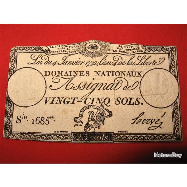 assignat de 25 sols monnaie fiduciaire 1789-1797 tbe