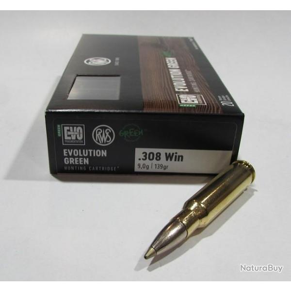 boite 20 cartouches cal 308 Winchester RWS EVO GREEN 139 grains