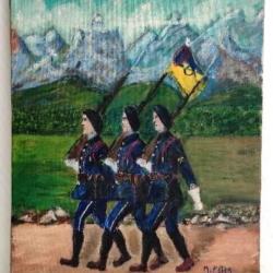 Ancien tableau peinture huile sur toile Bataillon Chasseurs Alpins années 20/40