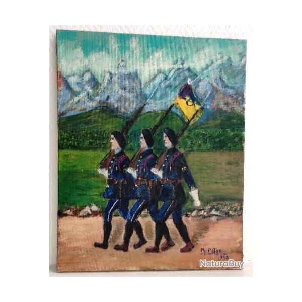 Ancien tableau peinture huile sur toile Bataillon Chasseurs Alpins annes 20/40
