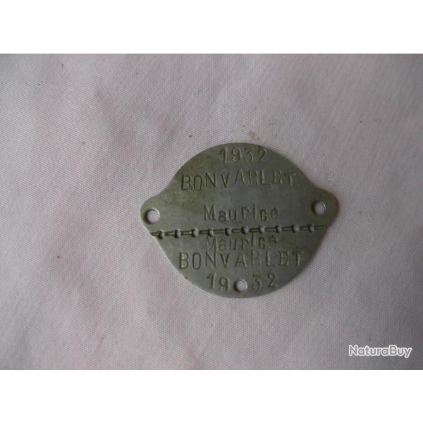 "WW2/PREWAR FRANCE PLAQUE D'IDENTIT MILITAIRE FRANCAISE NON CASSE "B.M." 1932 3807 SEINE 1o Beau