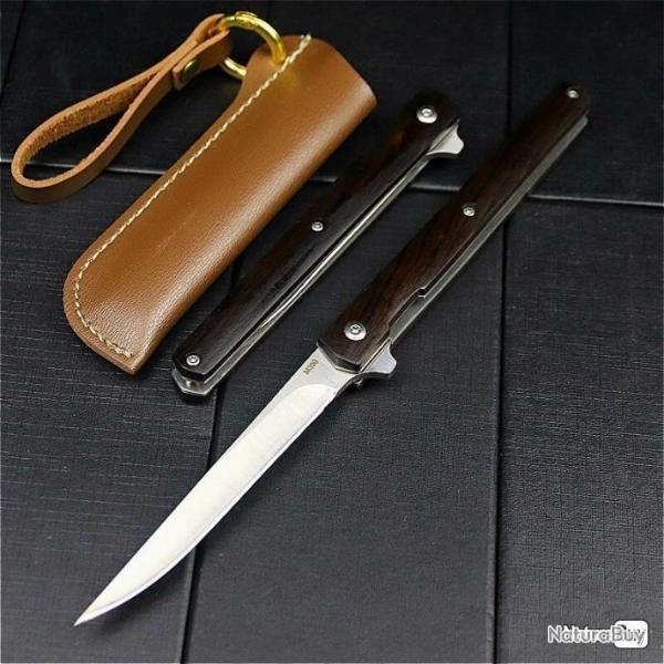 Couteau de Chasse Pliant Acier Tranchant M390 Lame de 9.2 cm Manche Marron Haut de Gamme avec tui