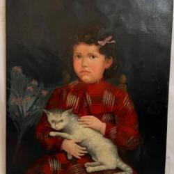 La petite fille et son chat huile sur toile Louis Picard