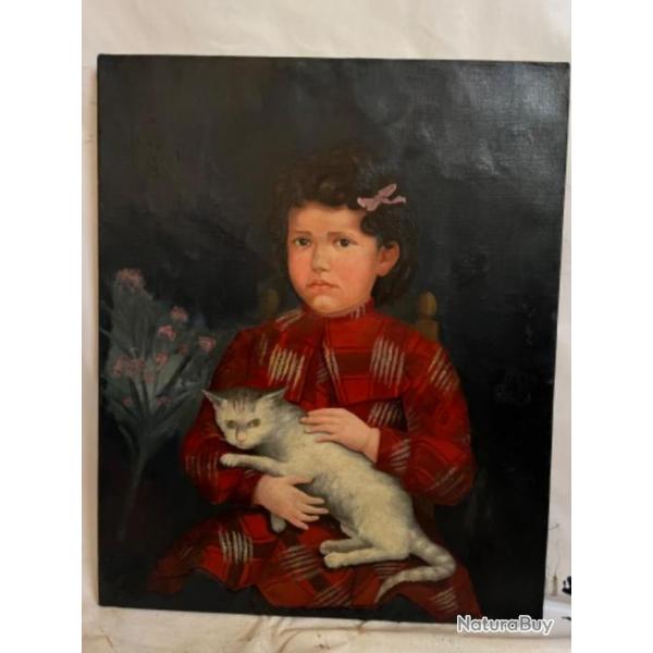 La petite fille et son chat huile sur toile Louis Picard