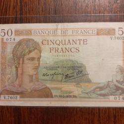 Très rare 50 francs Cérès du 10/02/1938 en tb ++