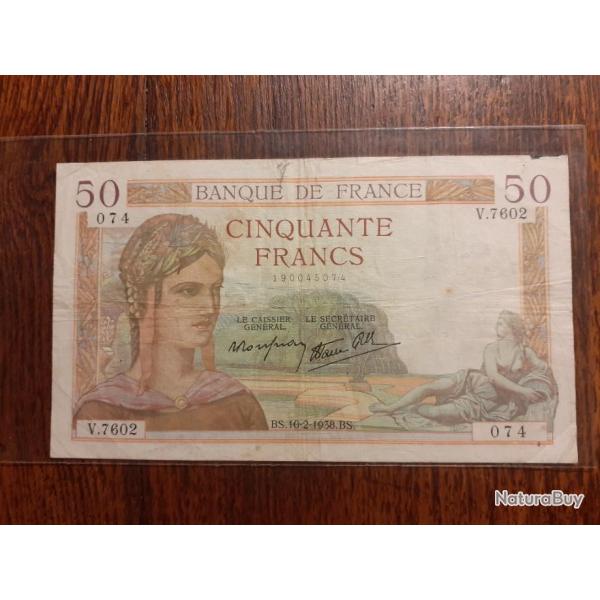 Trs rare 50 francs Crs du 10/02/1938 en tb ++