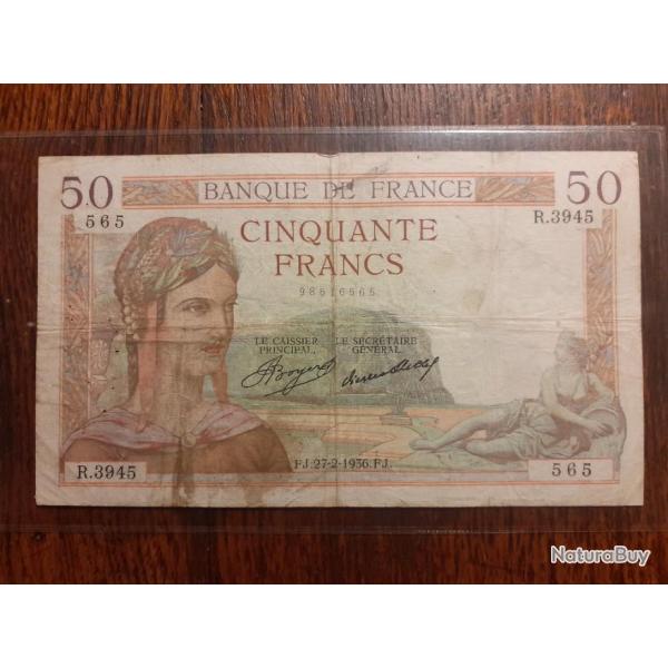 50 francs Crs du 27/02/1936  en tb ++