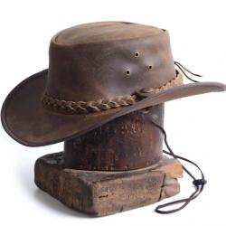 Chapeau de COWBOY Australien CUIR, Coloris marron vintage ....plusieurs tailles, qualité supérieur