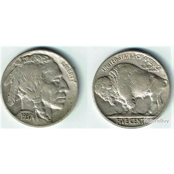 BUFFALO NICKEL pice 5 cents Amricain 1937 intacte trs belle dfinition INDIEN et BISON D'Amrique