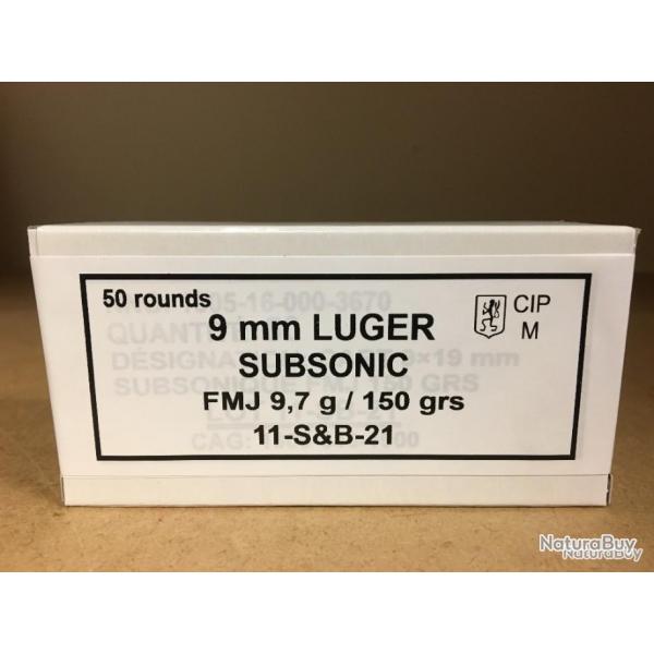 Cartouches Sellier & Bellot - cal. 9mm Luger SUBSONIC FMJ - 150gr -