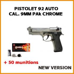 PISTOLET 92 AUTO CAL. 9MM PA CHROME NEW VERSION + 50 munitions 