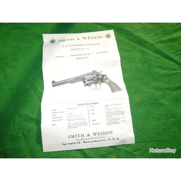 Notice d'origine de Revolver S&W K-38 Masterpiece modle 14