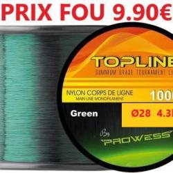 BOBINE DE FIL Nylon PROWESS TOPLINE MONOFILAMENT GREEN de 1000m - Ø 28 -  4.3 kg