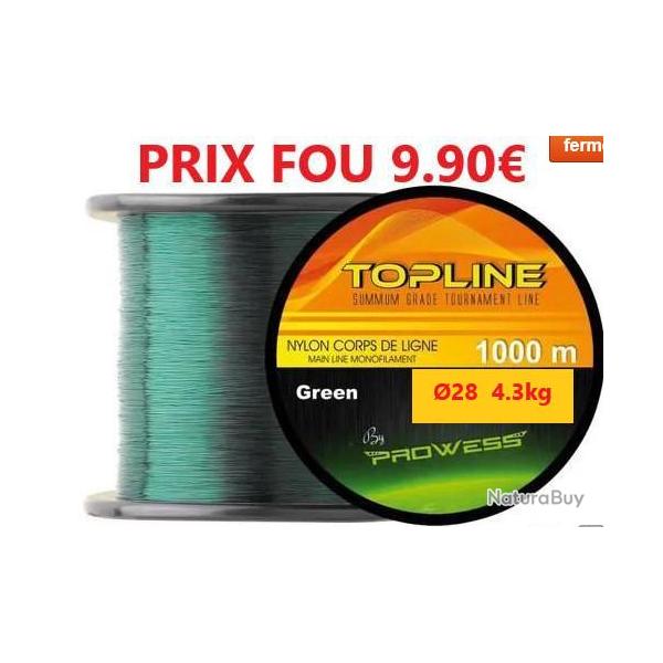 BOBINE DE FIL Nylon PROWESS TOPLINE MONOFILAMENT GREEN de 1000m -  28 -  4.3 kg