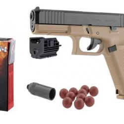 Pack Laser Défense Pistolet Glock 17 Gen5 Coyote - Calibre 9mm PAK + 50 Munitions + Embout Self-Gomm
