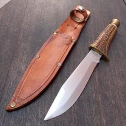 Ancien Couteau de Chasse SANTA CRUZ Manche en Bois de Cerf avec Étui en cuir