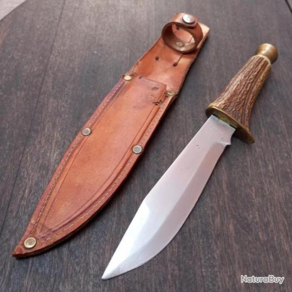 Ancien Couteau de Chasse SANTA CRUZ Manche en Bois de Cerf avec tui en cuir
