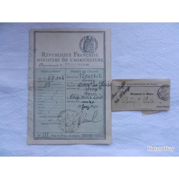 ancien permis de chasse Haute Marne 1911 Cirey sur Blaise