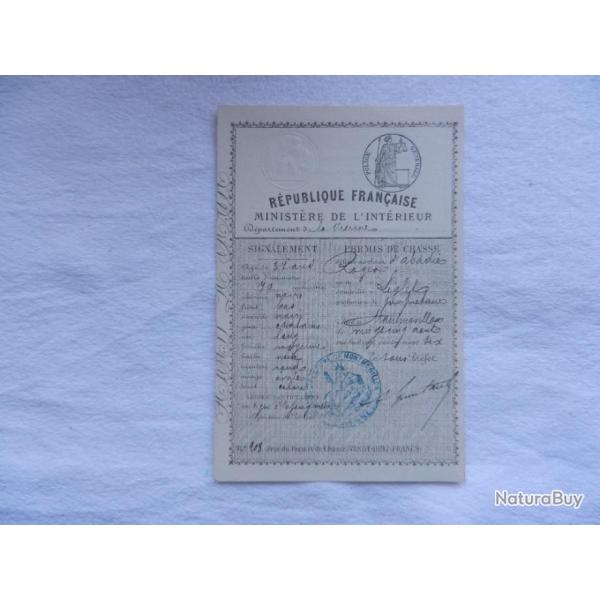 ancien permis de chasse 1884 - Ministre de l'intrieur dpartement de la Vienne 86