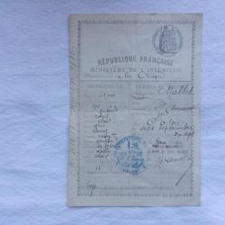 ancien permis de chasse 1897 - ministère de l'intérieur de la Nievre