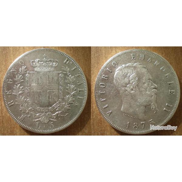 Italie 5 Lire 1875 Atelier M Piece Argent Vittorio Emanuele 2 Italy Silver Coin Lires