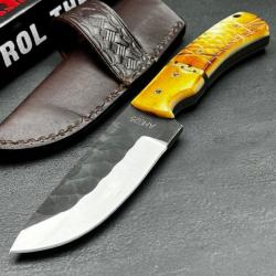 Couteau Skinner American Hunter Lame Acier Carbone 1055 Manche Os Etui Cuir AH025