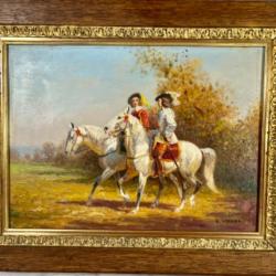 Gaston gerbier promenade à cheval  en campagne huile sur panneau