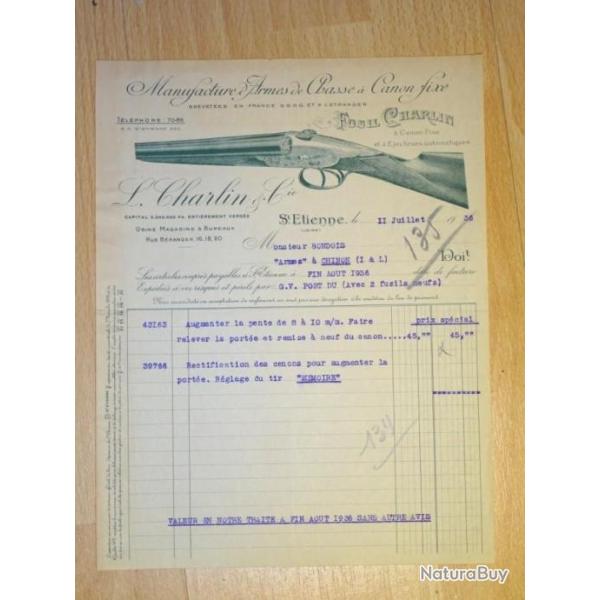 facture ancienne FUSILS CHARLIN 1936 - VENDU PAR JEPECUTE (D22L1)