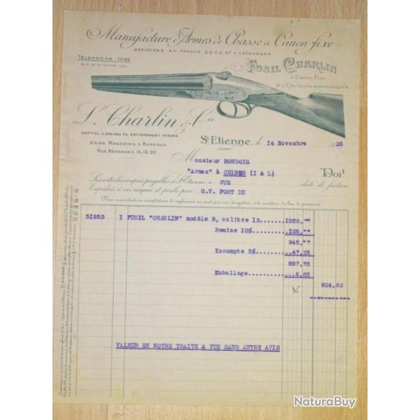 facture ancienne FUSIL CHARLIN modle B 1935 - VENDU PAR JEPECUTE (D22L2)