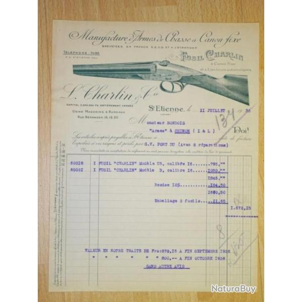 facture ancienne FUSIL CHARLIN modle B / modle U5 de 1936 - VENDU PAR JEPECUTE (D22L3)