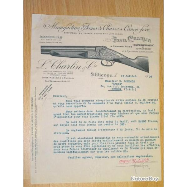 devis de 1939 de fusil CHARLIN - VENDU PAR JEPERCUTE (D22L6)
