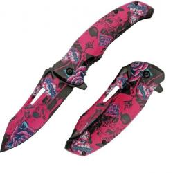 Couteau Skull Linerlock A/O Fuchsia Abs Handle Stainless Blade Clip CN300577PK