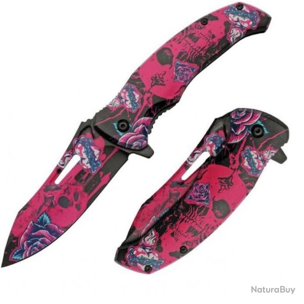 Couteau Skull Linerlock A/O Fuchsia Abs Handle Stainless Blade Clip CN300577PK