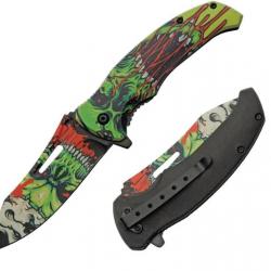 Couteau Skull Linerlock A/O Radium Abs Handle Stainless Blade Clip CN300577GN