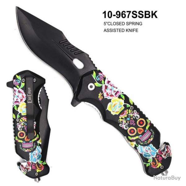 Couteau Sugar Skull A/O Abs Handle Stainless Blade Linerlock Clip EE10967SSBK